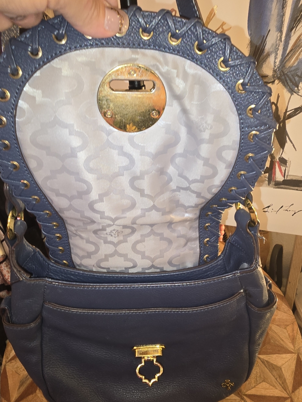 Cobalt Blue Leather Crossbody Bag with Gold Hardware By OrYany - Picture 9 of 12